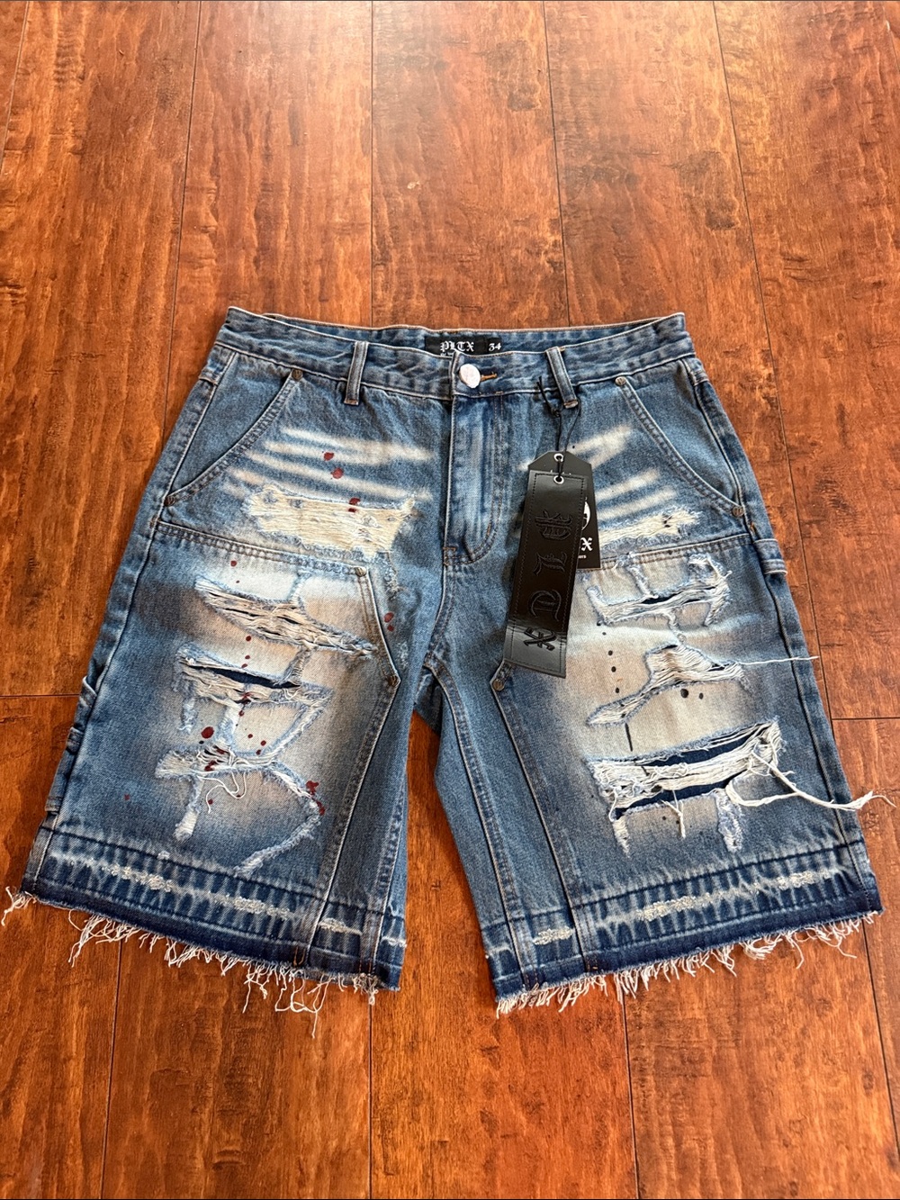 Men's Distressed Blue Denim Jean Shorts with Frayed Hem
